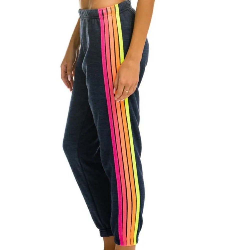 Aviator Nation 5 STRIPE SWEATPANTS HEATHER NAVY & NEON RAINBOW Size XS